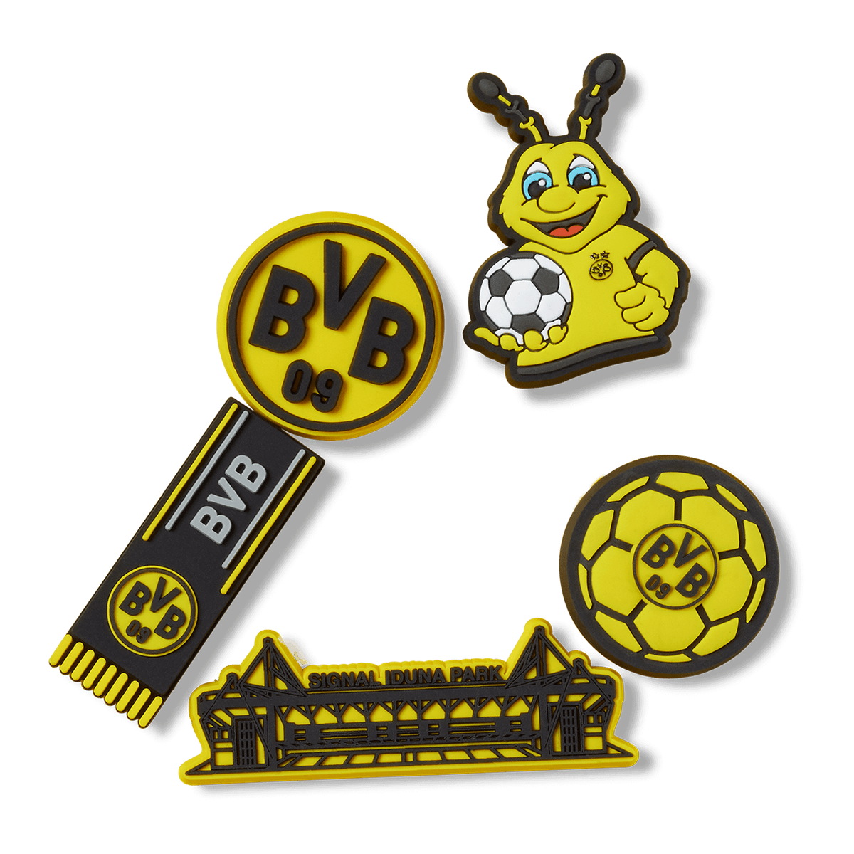 五件装多特蒙德（BVB）Crocs Jibbitz套装，包含多特蒙德队徽、SIGNAL IDUNA PARK、足球图案以及吉祥物EMMA等标志性图案，是球迷的理想之选。