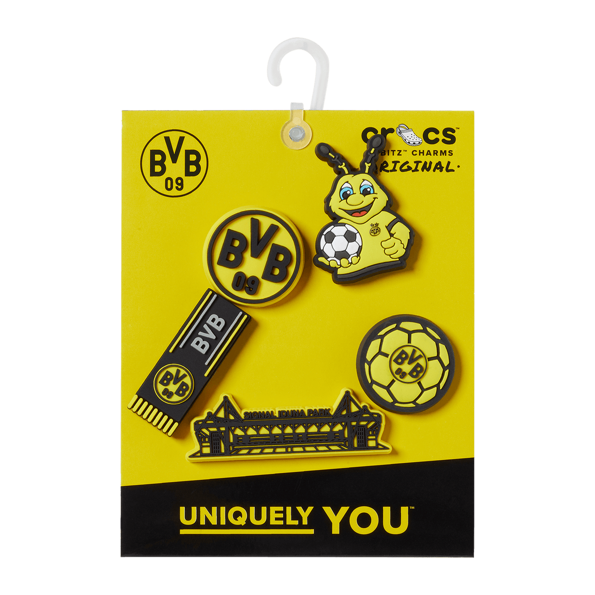 5er-Pack BVB-Crocs-Jibbitz mit verschiedenen Designs wie EMMA, Signal Iduna Park und BVB-Logo in schwarzgelb, ideal für Fans und Sammler.