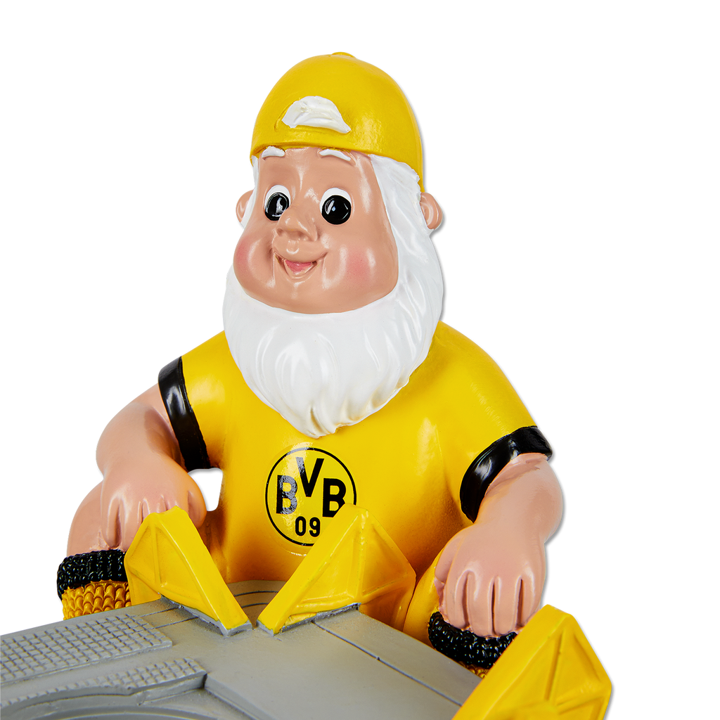 Dekorativer BVB-Gartenzwerg aus Kunststoff in schwarzgelbem Design, mit Teelichthalter in Form einer Schubkarre, ideal für BVB-Fans.
