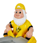 Dekorativer BVB-Gartenzwerg aus Kunststoff in schwarzgelbem Design, mit Teelichthalter in Form einer Schubkarre, ideal für BVB-Fans.