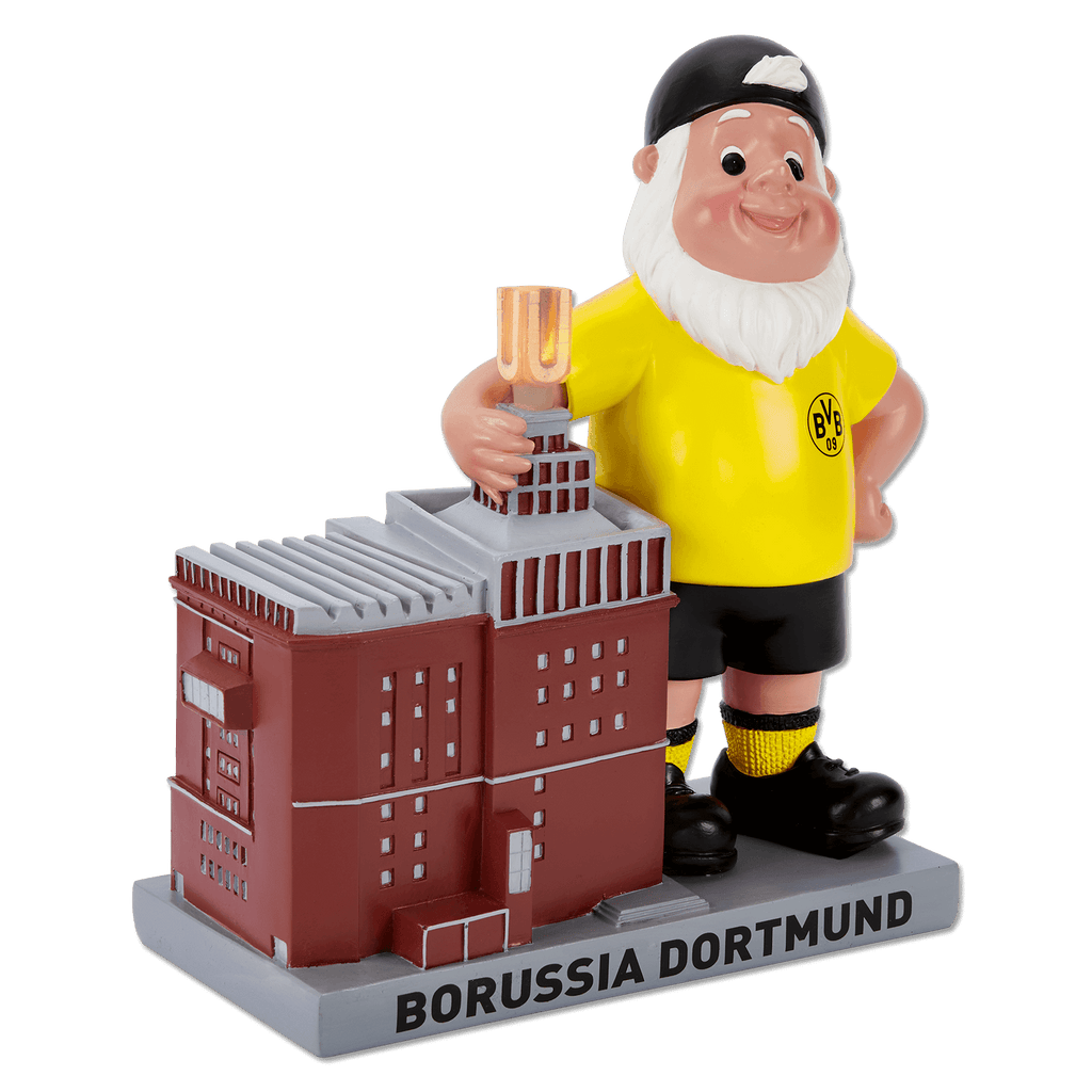 Der BVB Gartenzwerg mit gelbem Trikot und BVB-Logo, hält den beleuchteten U-Turm. Perfekt als schwarzgelbe Dekoration oder Geschenkidee für Fans.