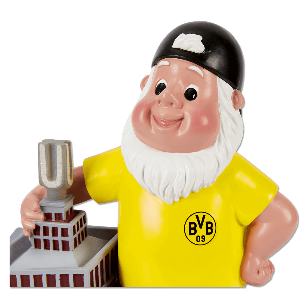 Dekorativer BVB-Gartenzwerg in gelbem Trikot mit BVB-Logo und schwarzer Mütze, hält Modell des U-Turms mit LED-Beleuchtung.