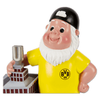 Dekorativer BVB-Gartenzwerg in gelbem Trikot mit BVB-Logo und schwarzer Mütze, hält Modell des U-Turms mit LED-Beleuchtung.