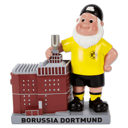 Enano de jardín decorativo del BVB con un atuendo negro y amarillo, que muestra la torre «U» de Dortmund y se apoya sobre un pedestal con la inscripción «Borussia Dortmund».