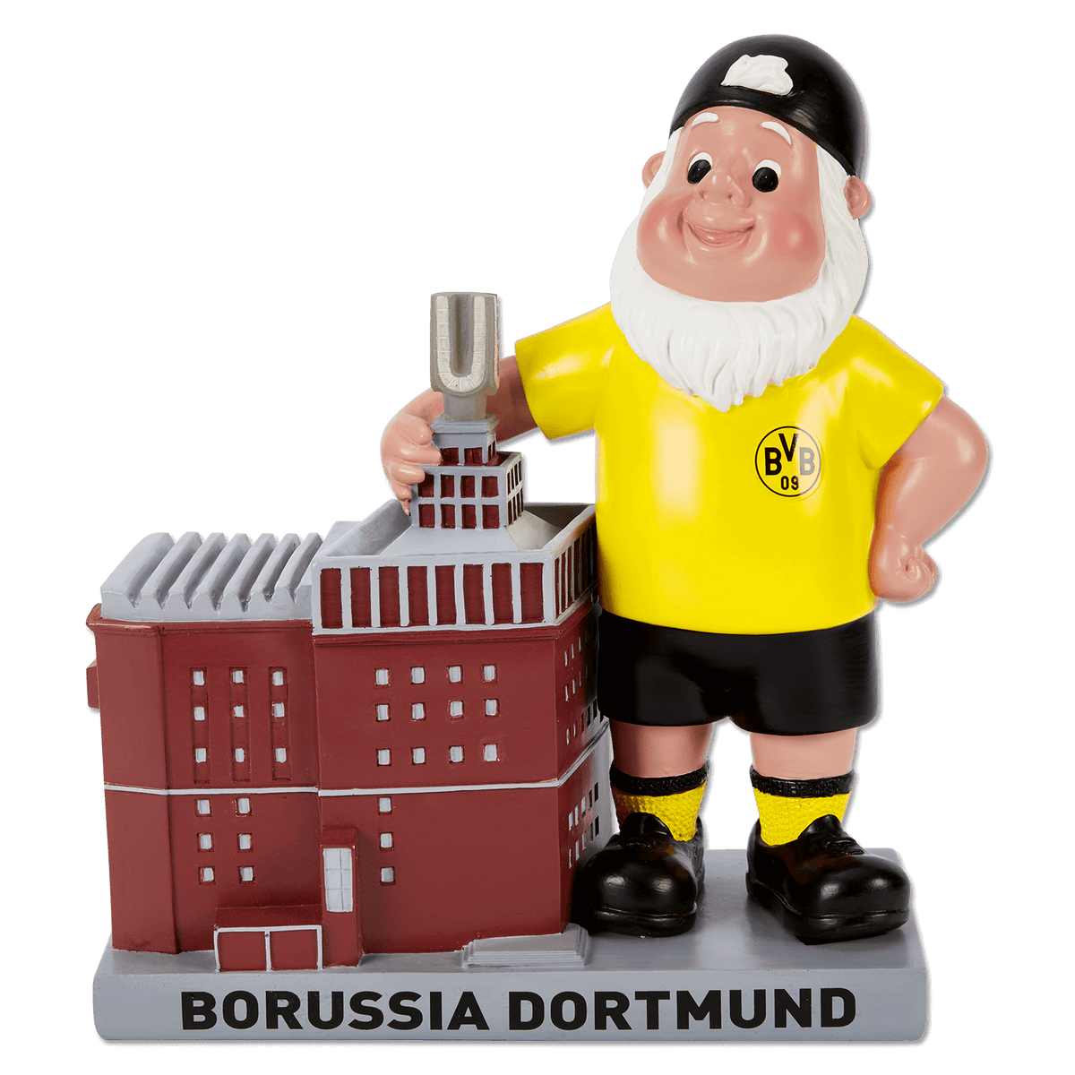 这款装饰性多特蒙德足球俱乐部（BVB）花园小矮人身着黑黄相间的服装，手持多特蒙德“U”形塔模型，站立在刻有“多特蒙德足球俱乐部”字样的底座上。