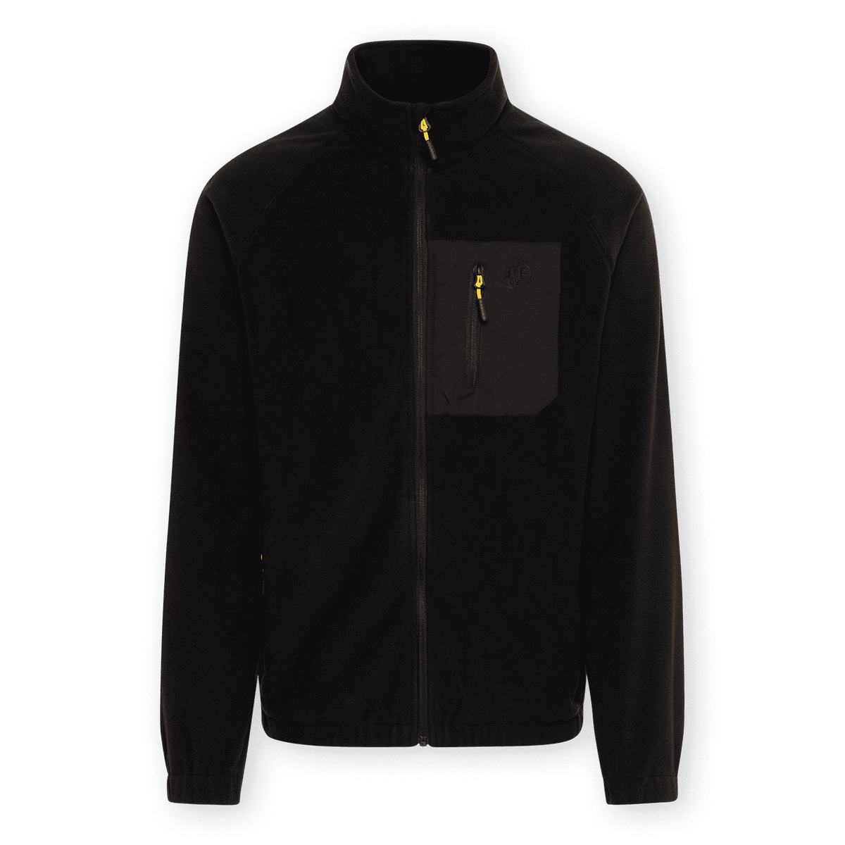 Schwarze BVB-Fleecejacke mit gelbem Reißverschluss und aufgesetzter Brusttasche mit BVB-Logo, ideal für Fans von Borussia Dortmund.