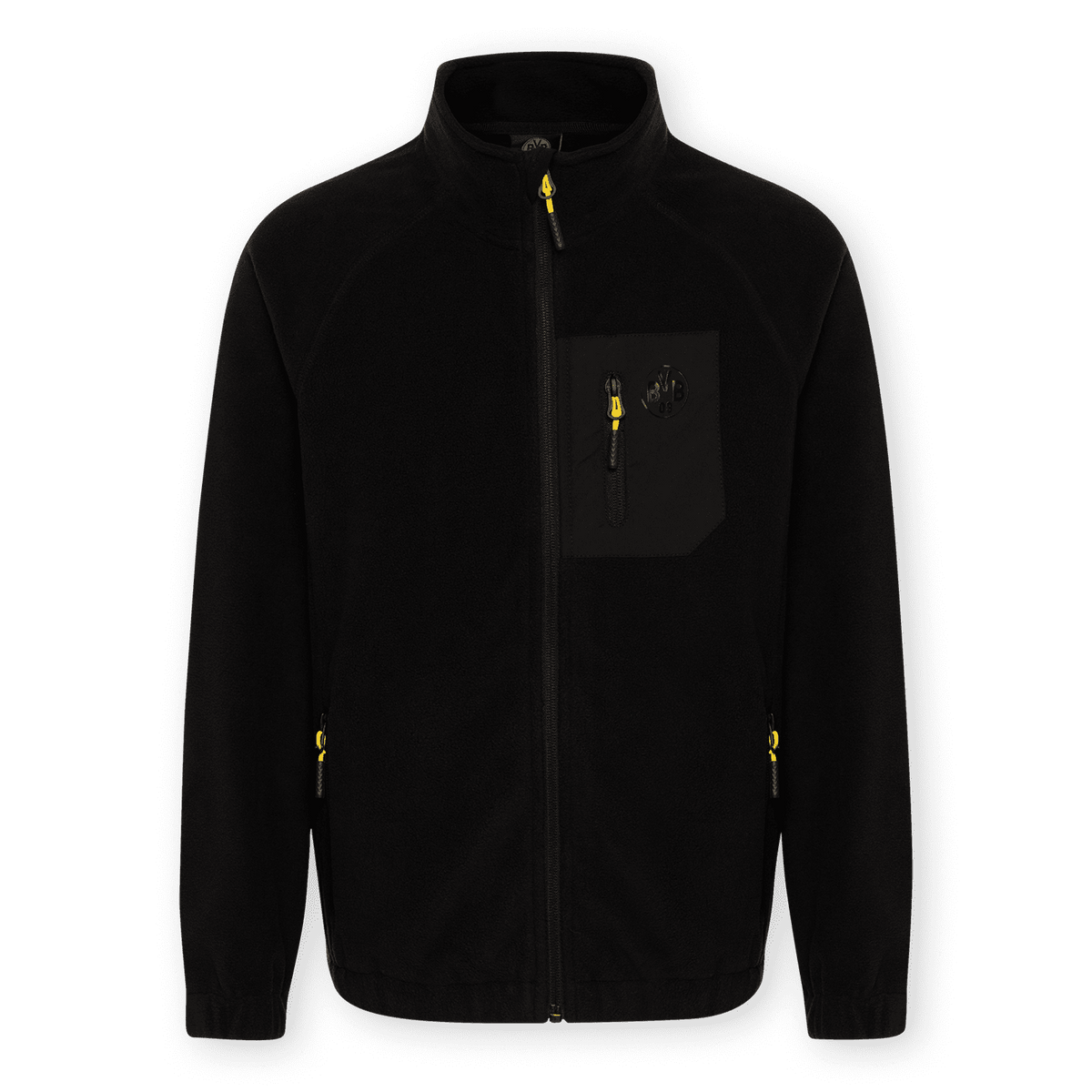 Schwarze BVB-Fleecejacke für Kinder mit Brusttasche, gelben Reißverschlüssen und BVB-Logo auf der linken Brust.