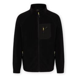 Black BVB fleece jacket for kids with a chest pocket, yellow zippers, and the BVB logo on the left chest.