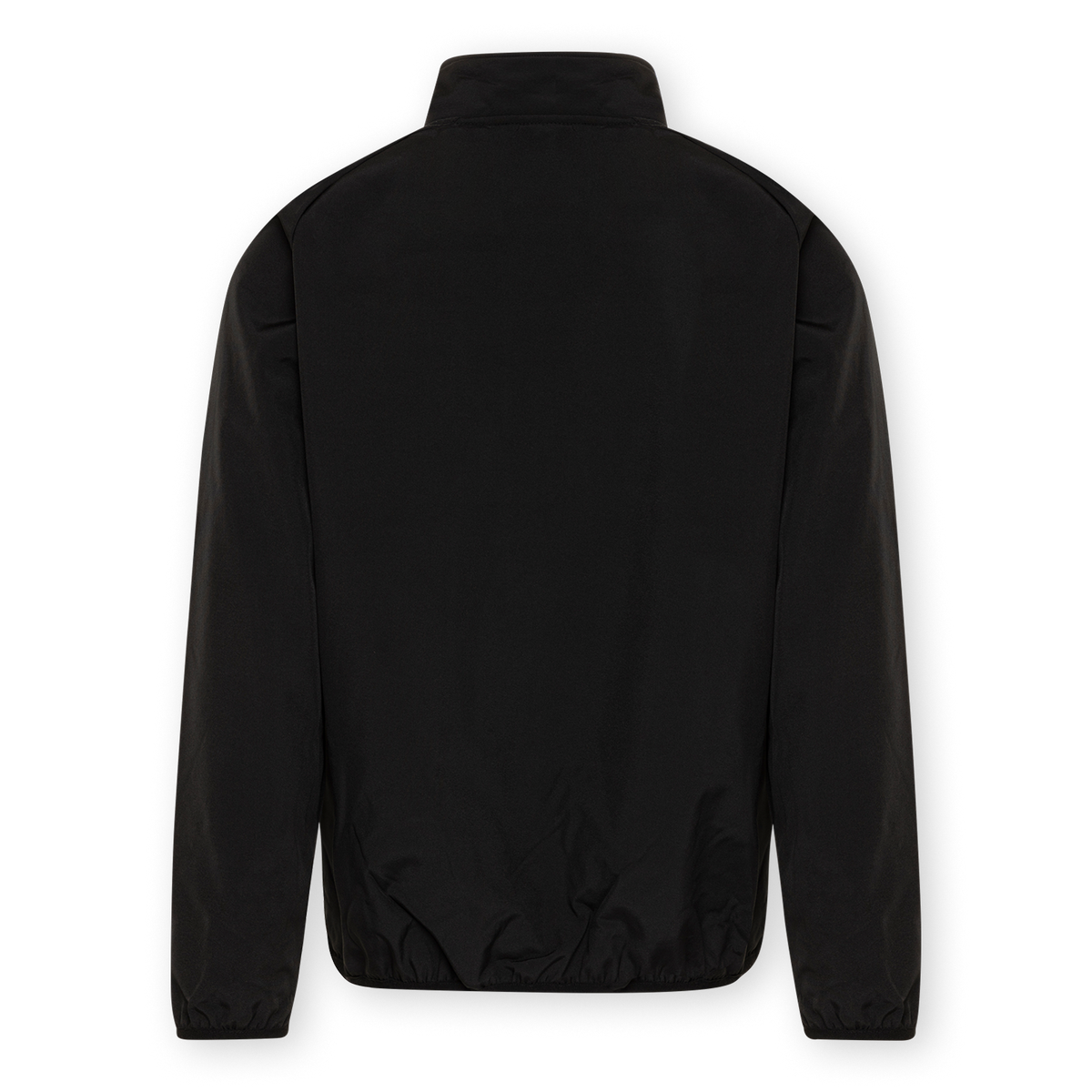 Vista trasera de una chaqueta softshell negra del BVB para aficionados, con un diseño sencillo y elegante.