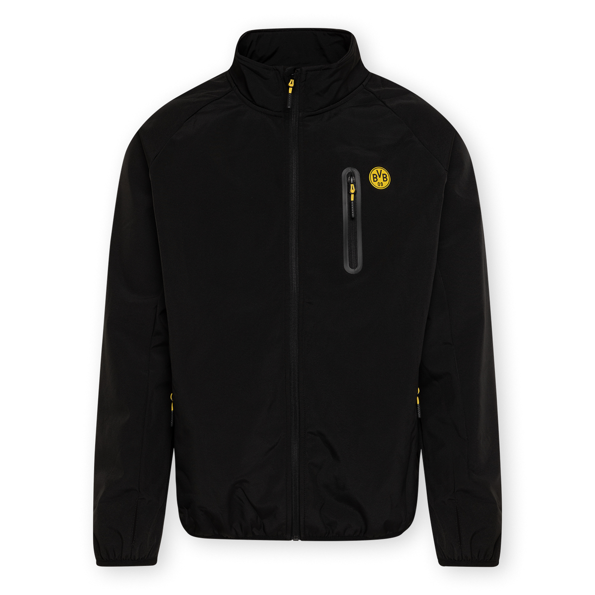 Veste softshell noir et jaune du BVB avec le logo du BVB sur la poitrine, idéale pour les supporters et les activités de plein air.