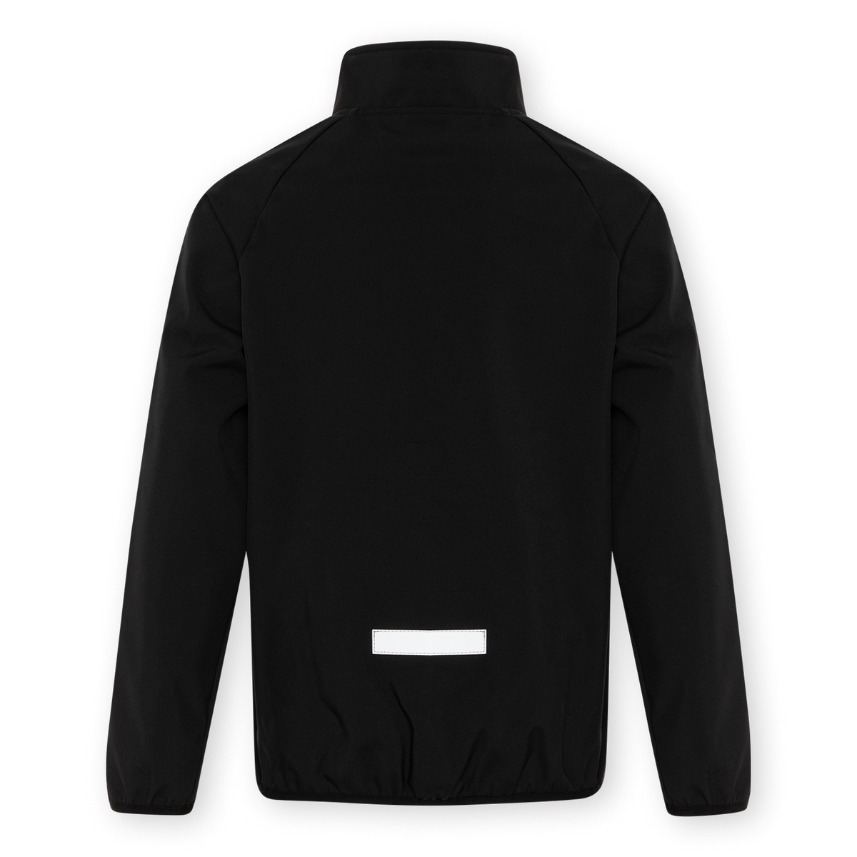 Die Rückansicht einer schwarzfarbenen BVB Softshelljacke für Kinder, schlichtes Design mit reflektierendem Detail.