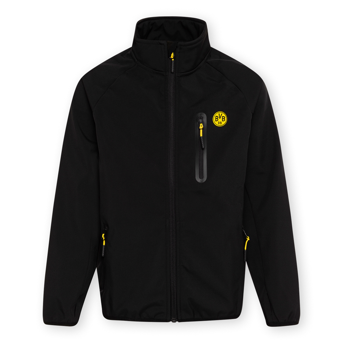 Schwarze BVB-Softshelljacke für Kinder mit gelbem Logo auf der Brust und auffälligen gelben Reißverschlusselementen.