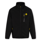 Schwarze BVB-Softshelljacke für Kinder mit gelbem Logo auf der Brust und auffälligen gelben Reißverschlusselementen.