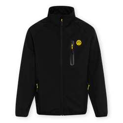 Schwarze BVB-Softshelljacke für Kinder mit gelbem Logo auf der Brust und auffälligen gelben Reißverschlusselementen.