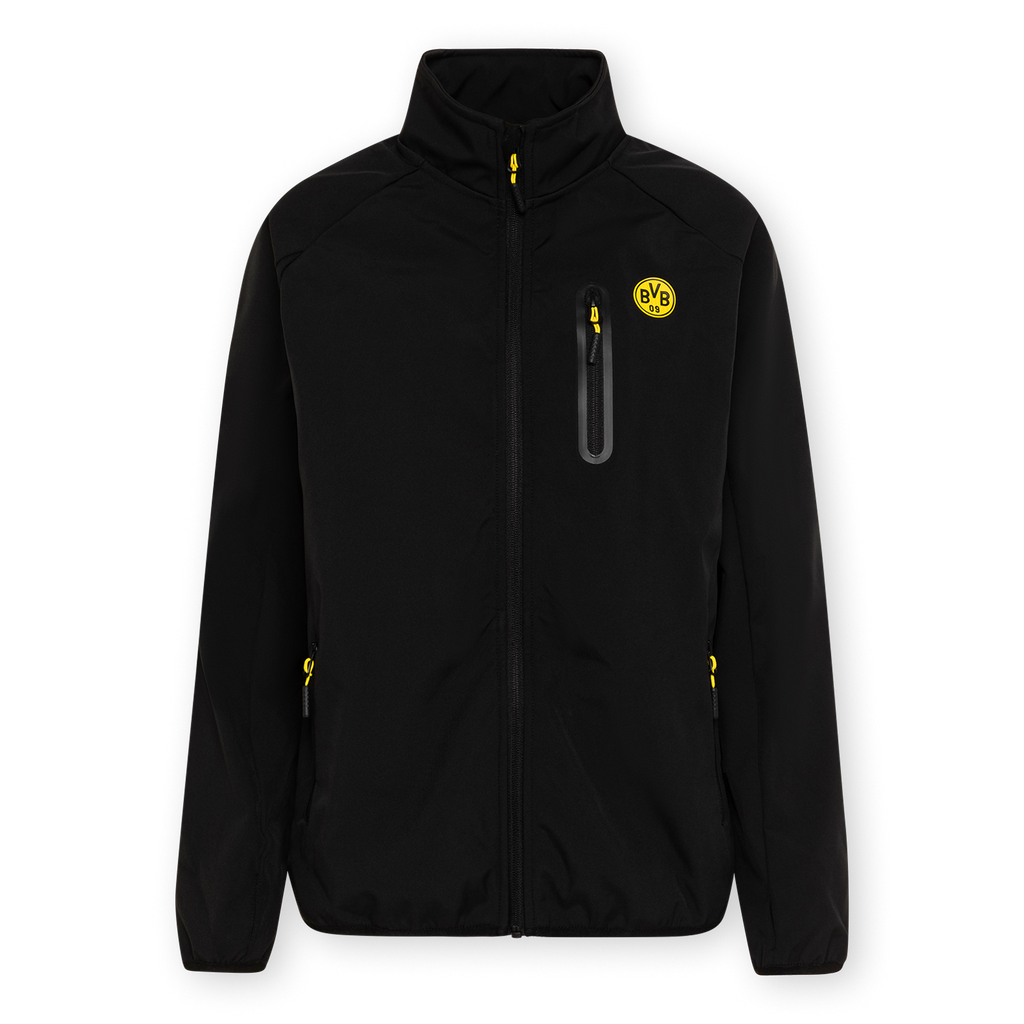 Chaqueta softshell negra del BVB para mujer, con detalles en amarillo y el logotipo del BVB en el pecho, ideal para las seguidoras del Borussia Dortmund.