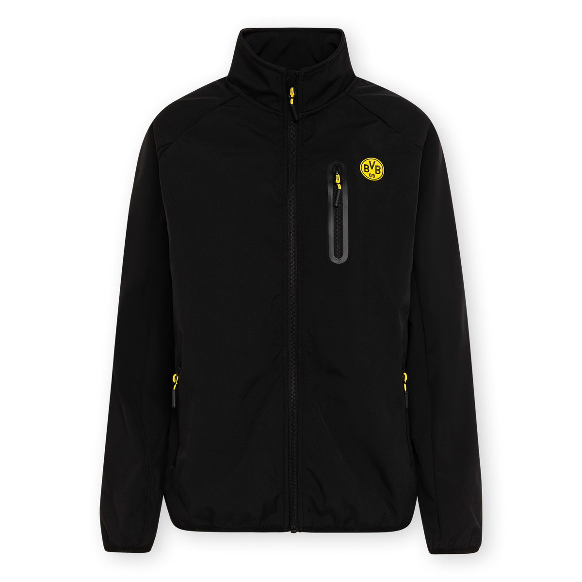 Schwarze BVB-Softshelljacke für Frauen mit gelben Akzenten und BVB-Logo auf der Brust, ideal für Fans von Borussia Dortmund.