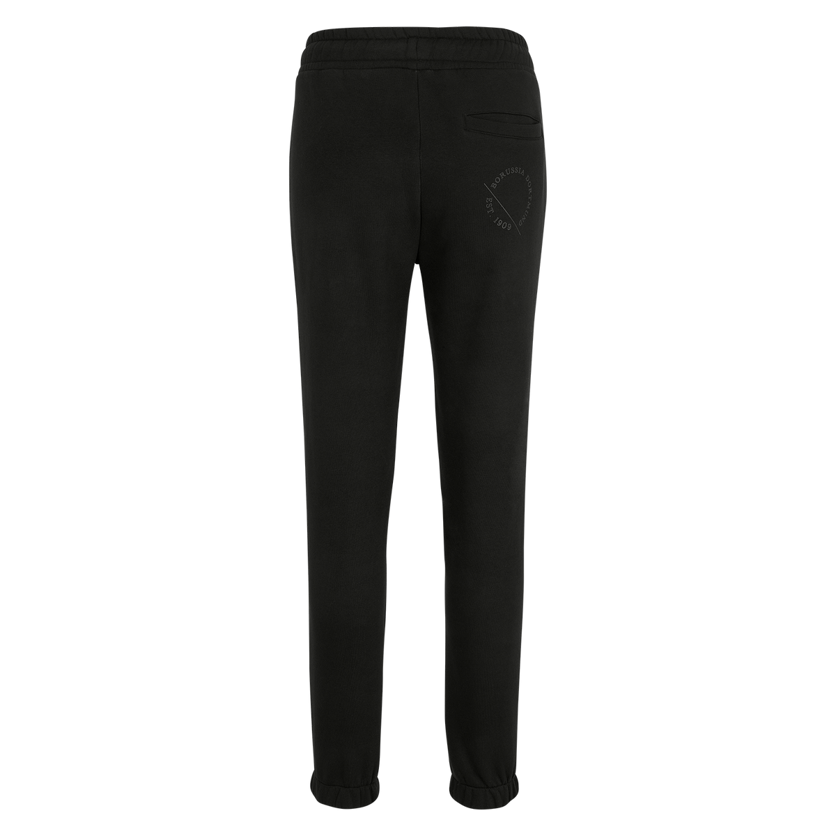 Rückansicht der schwarzen BVB-Damen-Sweathose mit BVB-Logo und Est. 1909-Aufdruck, ideal für Freizeit und Sport.
