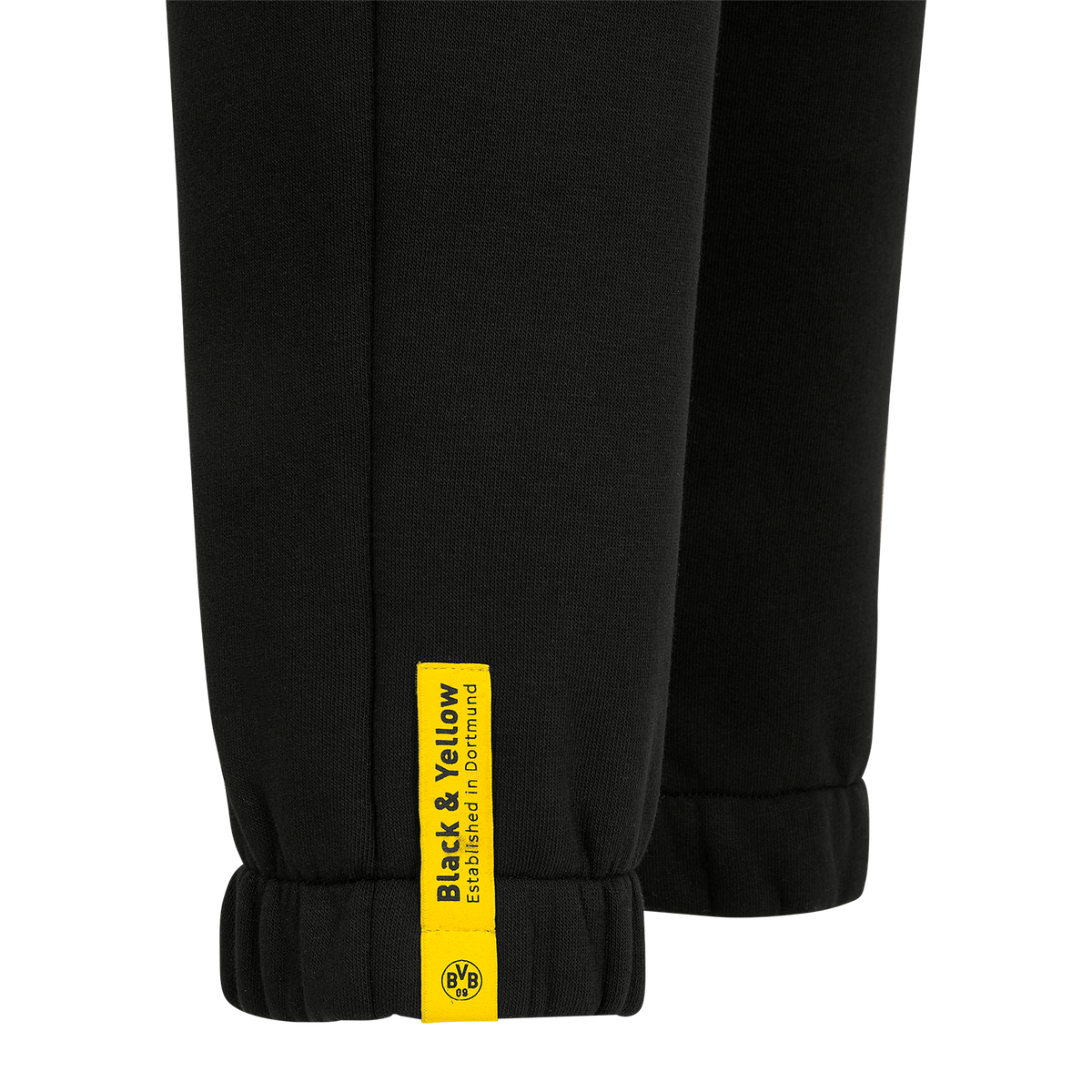 Pantalon de survêtement pour femme, noir, orné du logo jaune du BVB et de l'inscription « Black & Yellow Established in Dortmund ».