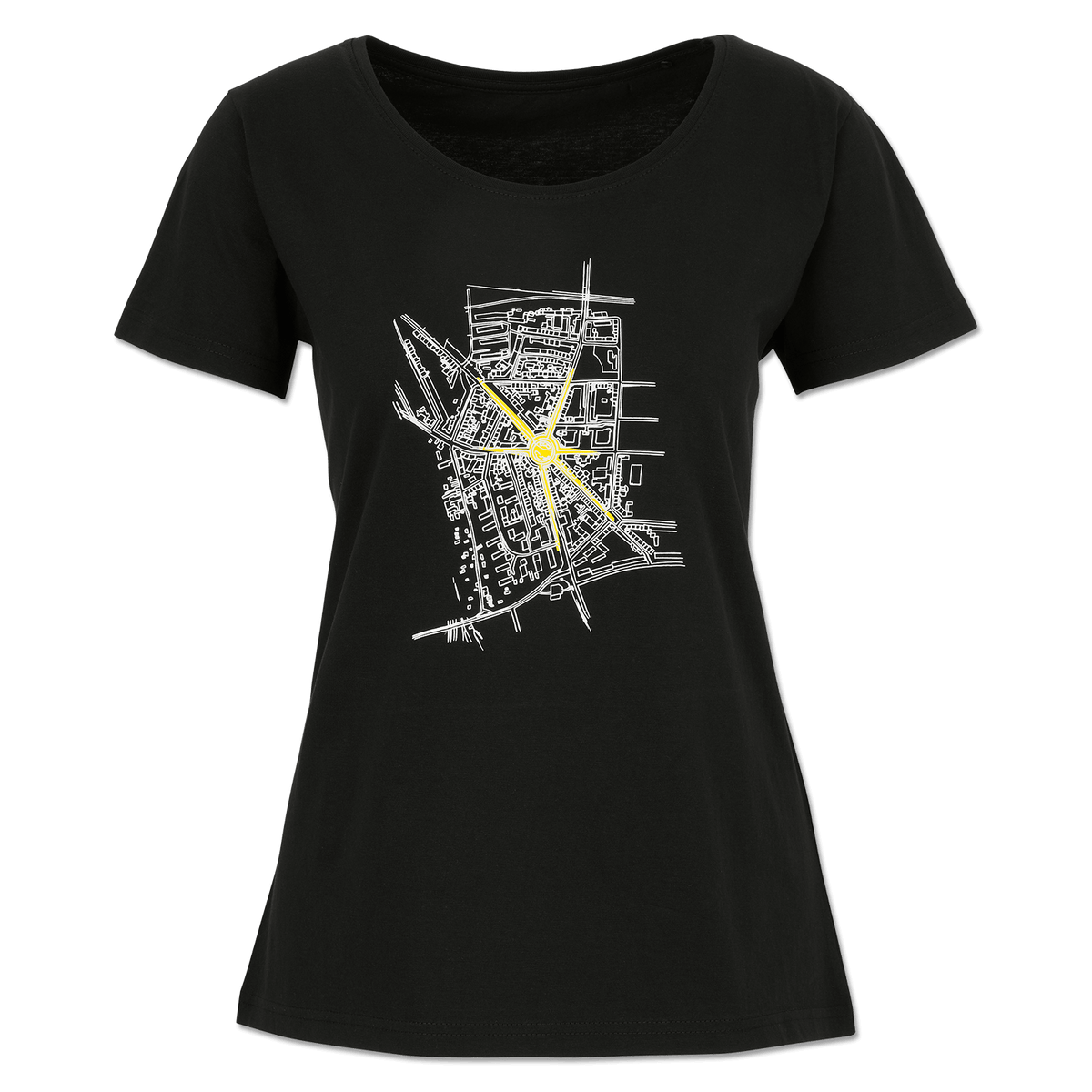 Schwarzes BVB T-Shirt mit Stadtplan-Design in Weiß und gelbem Akzent, geeignet für Damen und Herren, perfekt für BVB-Fans.