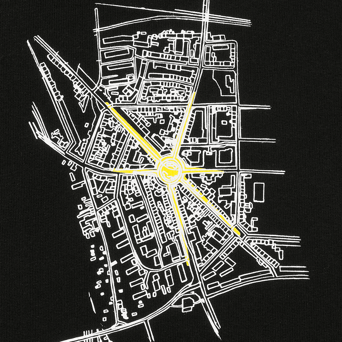 Der BVB-Hoodie 'Leuchte auf' für Damen und Herren in schwarz mit auffälligem weißem Stadtplan und gelben Akzenten, ideal für Fans von Borussia Dortmund.