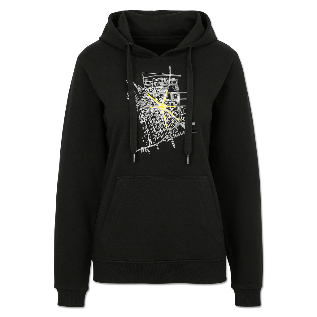 Schwarzer BVB Hoodie für Damen und Herren mit Kapuze, gelbem und weißem Stadtkarte-Design auf der Vorderseite, ein stylischer Borussia Dortmund Fanartikel.