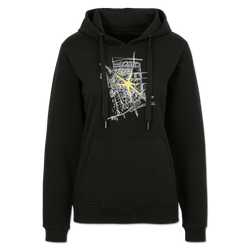 Black BVB hoodie for women and men, featuring a yellow and white city map design on the front—a stylish Borussia Dortmund fan item.