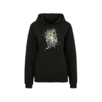 Black BVB hoodie for kids with a yellow city map design and a hood, perfect for young Borussia Dortmund fans.