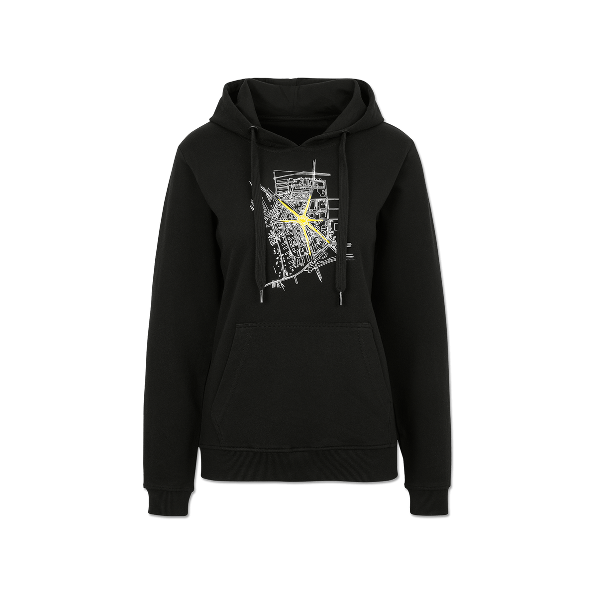 Sweat à capuche noir du BVB pour enfants, orné d'un motif représentant un plan de la ville en jaune et doté d'une capuche, idéal pour les jeunes supporters du Borussia Dortmund.