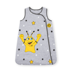 Gray Borussia Dortmund baby sleeping bag with yellow and black design accents, an EMMA motif, and star details—perfect for little BVB fans.