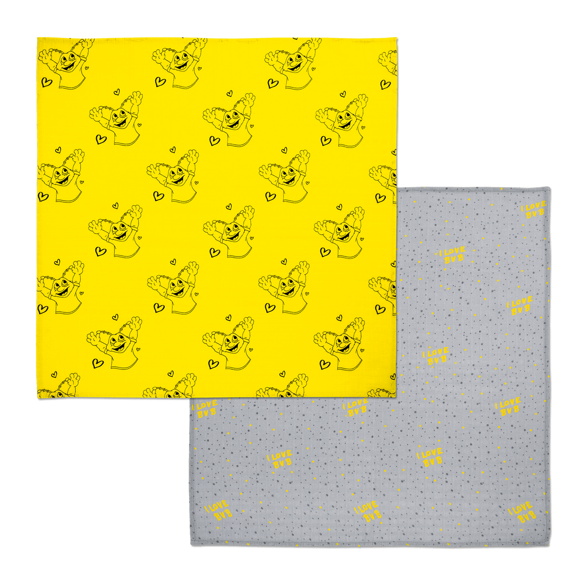 Il set da 2 foulard BVB è composto da un foulard giallo con motivo BVB e da un foulard grigio con la scritta gialla “LOVE BVB”. Perfetti come accessori per neonati e articoli per tifosi.