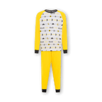 Kinder-Schlafanzug des BVB in schwarzgelb mit langen Ärmeln und Hosen, bedruckt mit BVB-Logo, SIGNAL IDUNA PARK und Fußballgrafiken.
