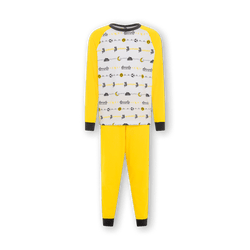 Pijama infantil del BVB en colores negro y amarillo, con mangas largas y pantalones, estampado con el logotipo del BVB, «SIGNAL IDUNA PARK» y motivos futbolísticos.
