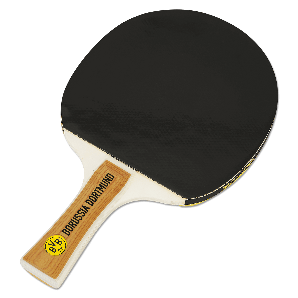 A table tennis racket with a black-and-yellow design and the BVB logo on the handle, ideal for Borussia Dortmund fans and table tennis enthusiasts.