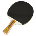 Ein Tischtennis-Schläger mit schwarzgelber Gestaltung und BVB-Logo auf dem Griff, ideal für Borussia Dortmund Fans und Tischtennis-Liebhaber.