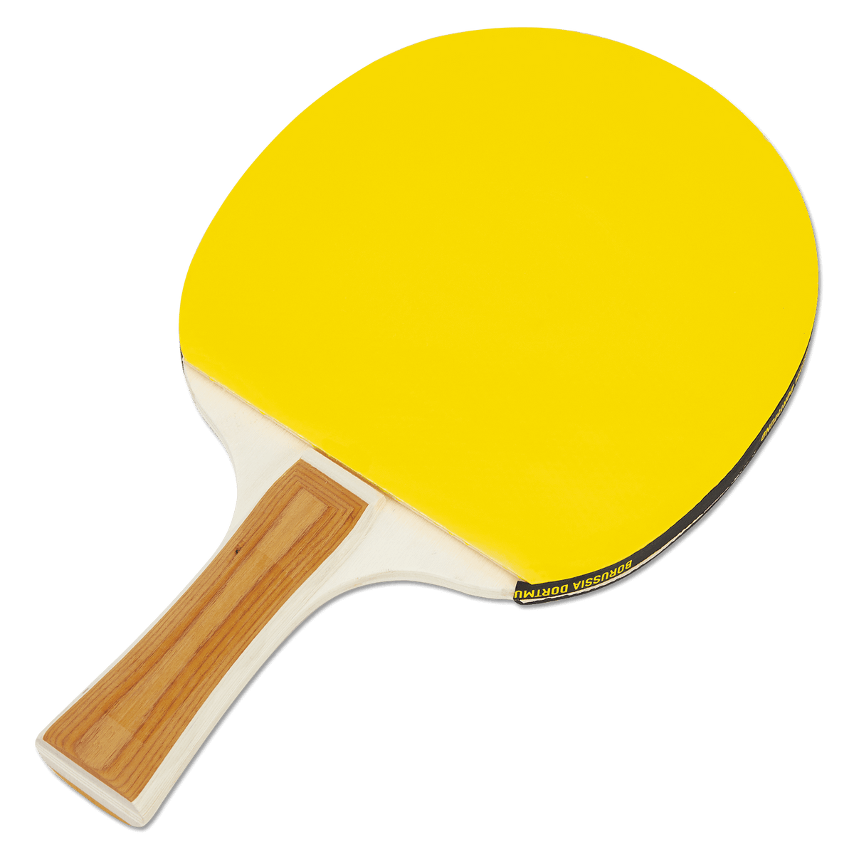 Black-and-yellow table tennis paddle with "Borussia Dortmund" lettering—the perfect fan accessory.