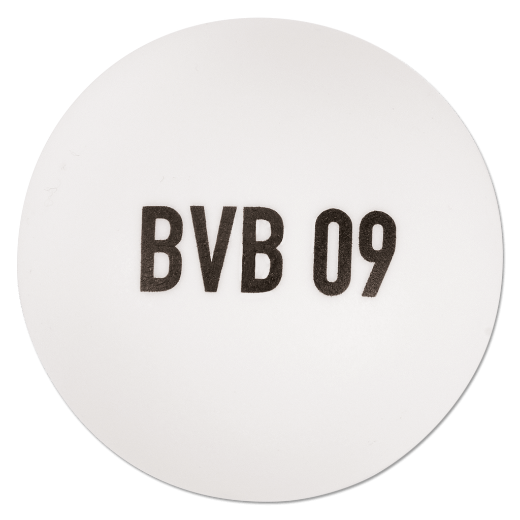 White table tennis ball with black "BVB 09" lettering—the perfect sports accessory for Borussia Dortmund fans.
