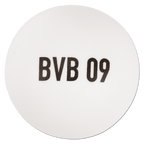 White table tennis ball with black "BVB 09" lettering—the perfect sports accessory for Borussia Dortmund fans.