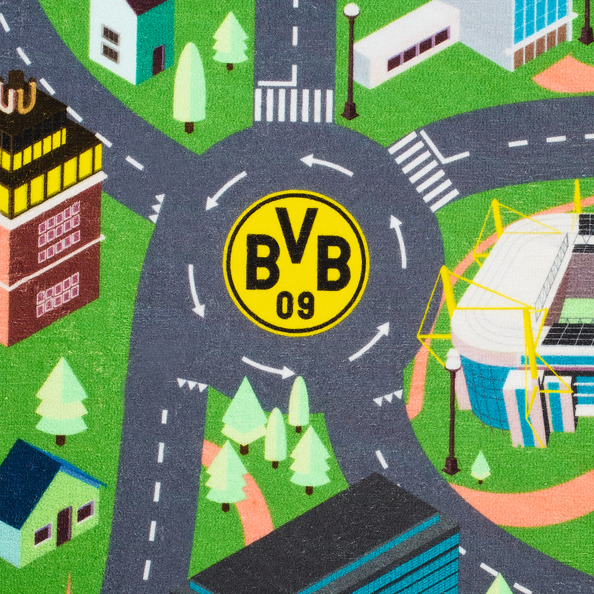 Kinderspielteppich mit Stadt- und Stadionmotiv im BVB-Design mit schwarzgelbem Vereinslogo und Straßenmuster.