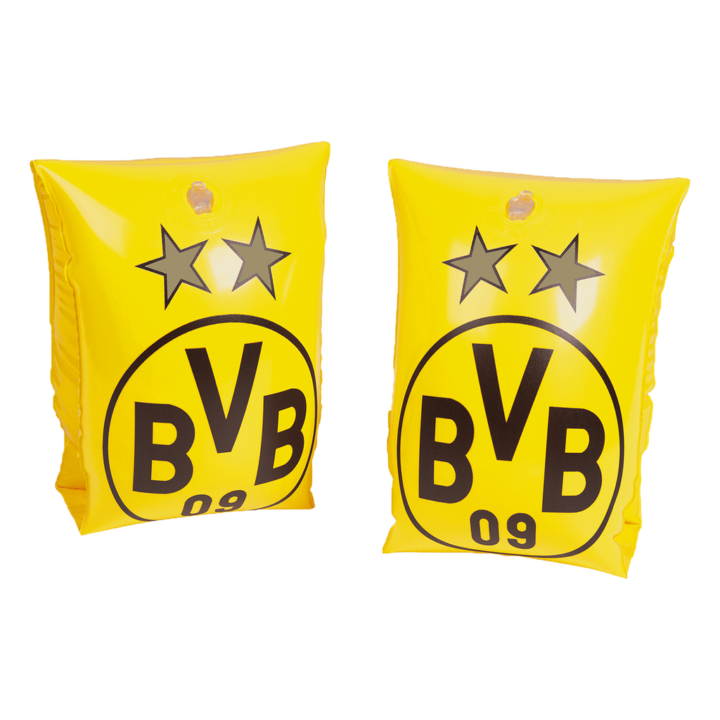 Yellow BVB swim wings with two black stars and the BVB 09 logo, suitable for children ages 1 to 6.