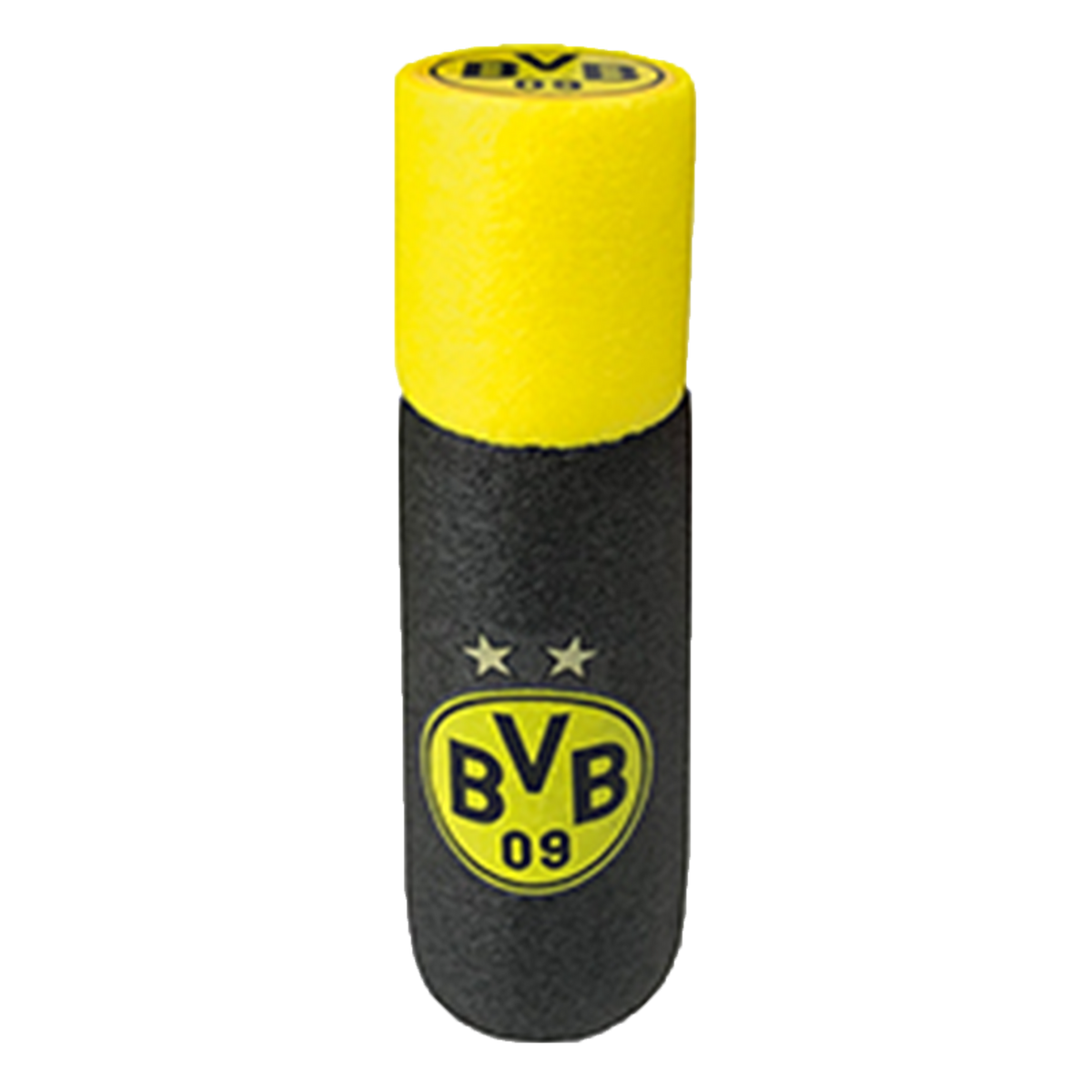 Un pistolet à mousse noir et jaune du BVB, orné du logo du BVB et de deux étoiles, idéal pour les supporters du Borussia Dortmund.