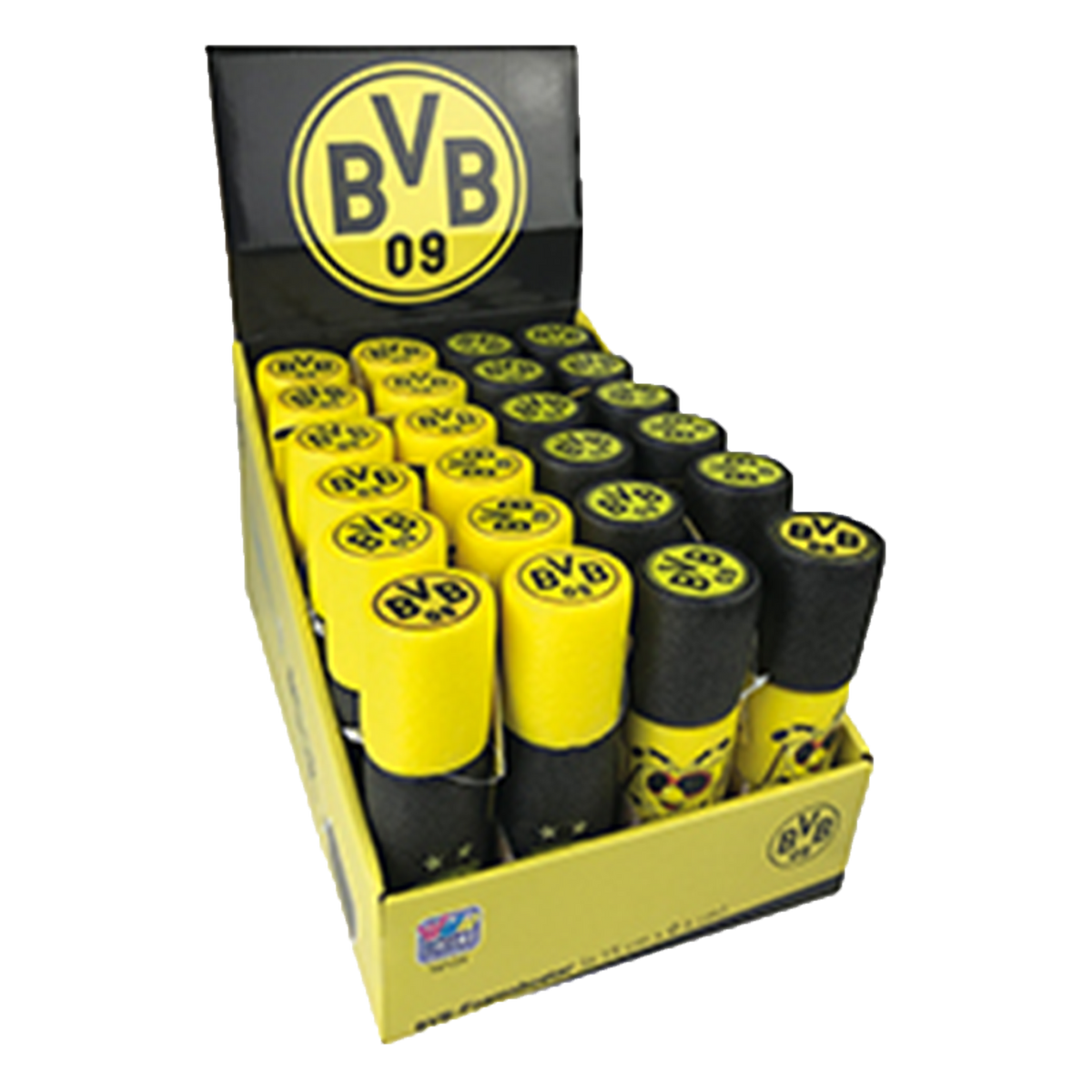 带队徽的黑色和黄色多特蒙德（BVB）泡沫发射器，装在展示盒中，是多特蒙德球迷的理想之选。