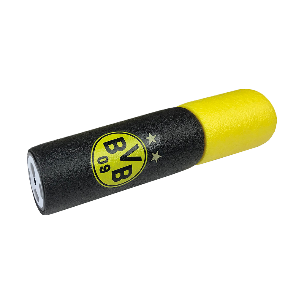 Black-and-yellow BVB foam shooter featuring the BVB logo and two stars—the perfect fan merchandise for Borussia Dortmund fans.