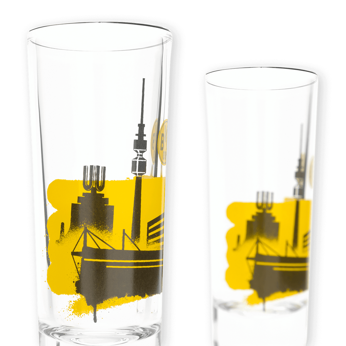 2er-Set BVB-Schnapsgläser mit schwarzgelber Skyline von Dortmund als Design. Perfekt für Fans und Sammler.