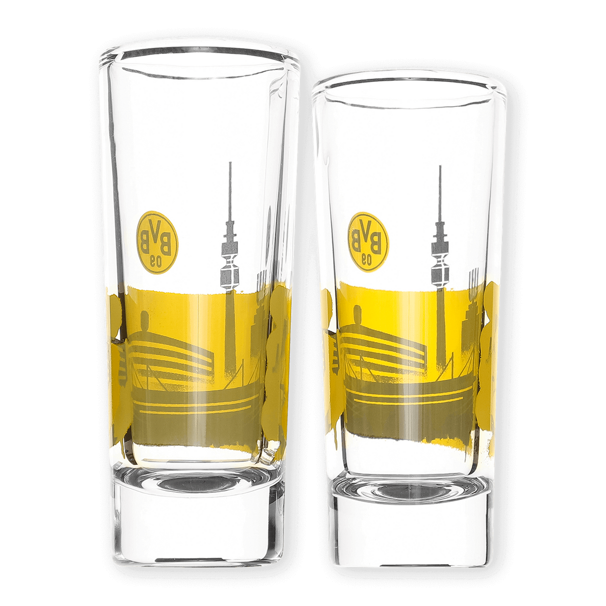 Set di bicchierini composto da due bicchieri con un motivo giallo raffigurante lo skyline di Dortmund e il logo del BVB, ideale per i tifosi del BVB.