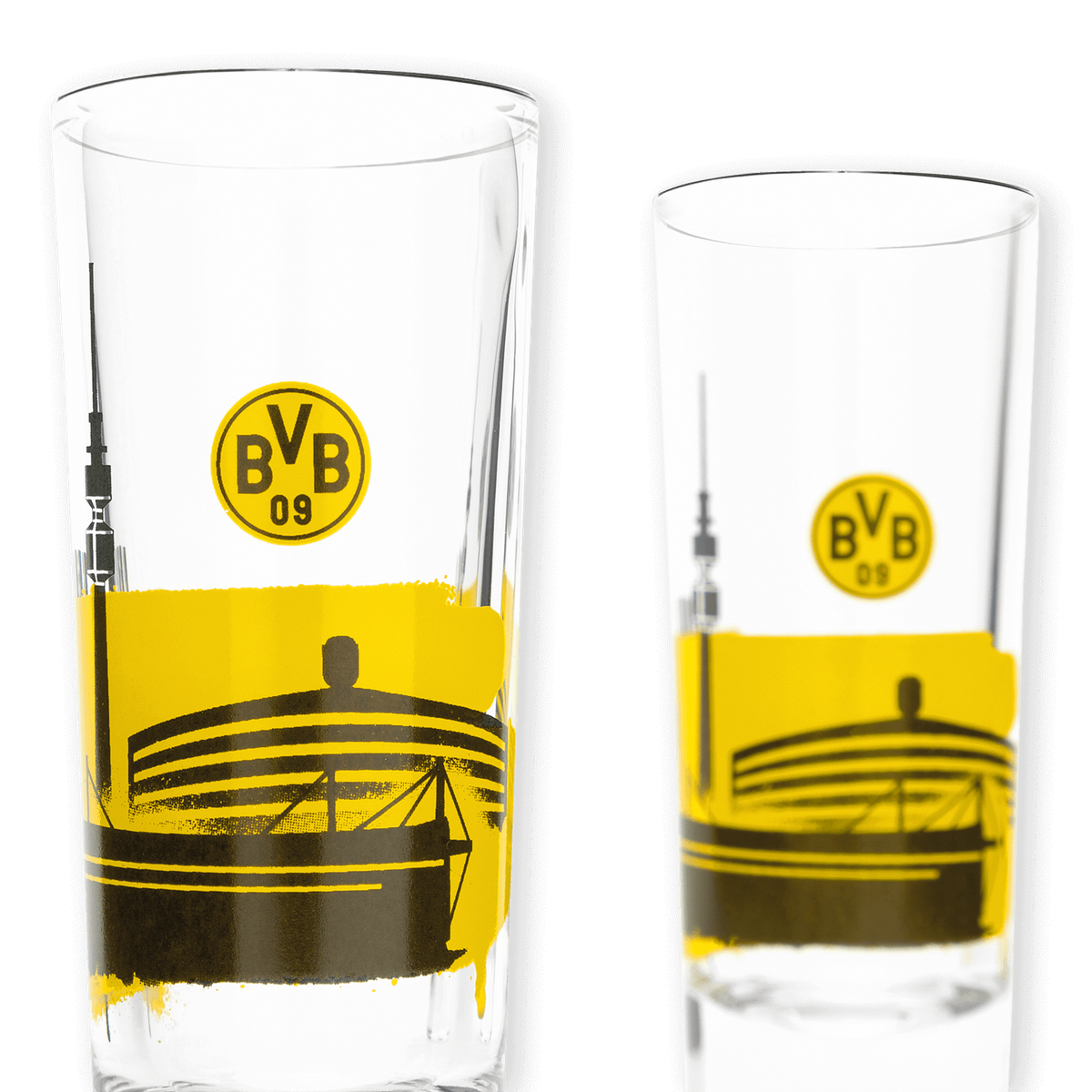シグナル・イドゥナ・パークとスカイラインをモチーフにした、黒と黄色のBVBショットグラスセット。ファンに最適です。