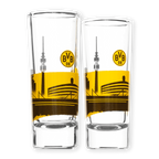 Set composto da due bicchierini da liquore del BVB, decorati con lo skyline nero e giallo di Dortmund, il logo del BVB e le immagini del SIGNAL IDUNA PARK e della torre televisiva.