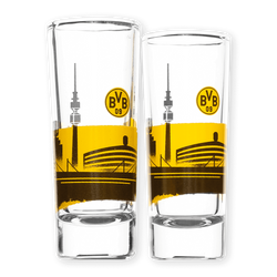 Set of two BVB shot glasses, decorated with the black-and-yellow Dortmund skyline, the BVB logo, and images of SIGNAL IDUNA PARK and the TV tower.