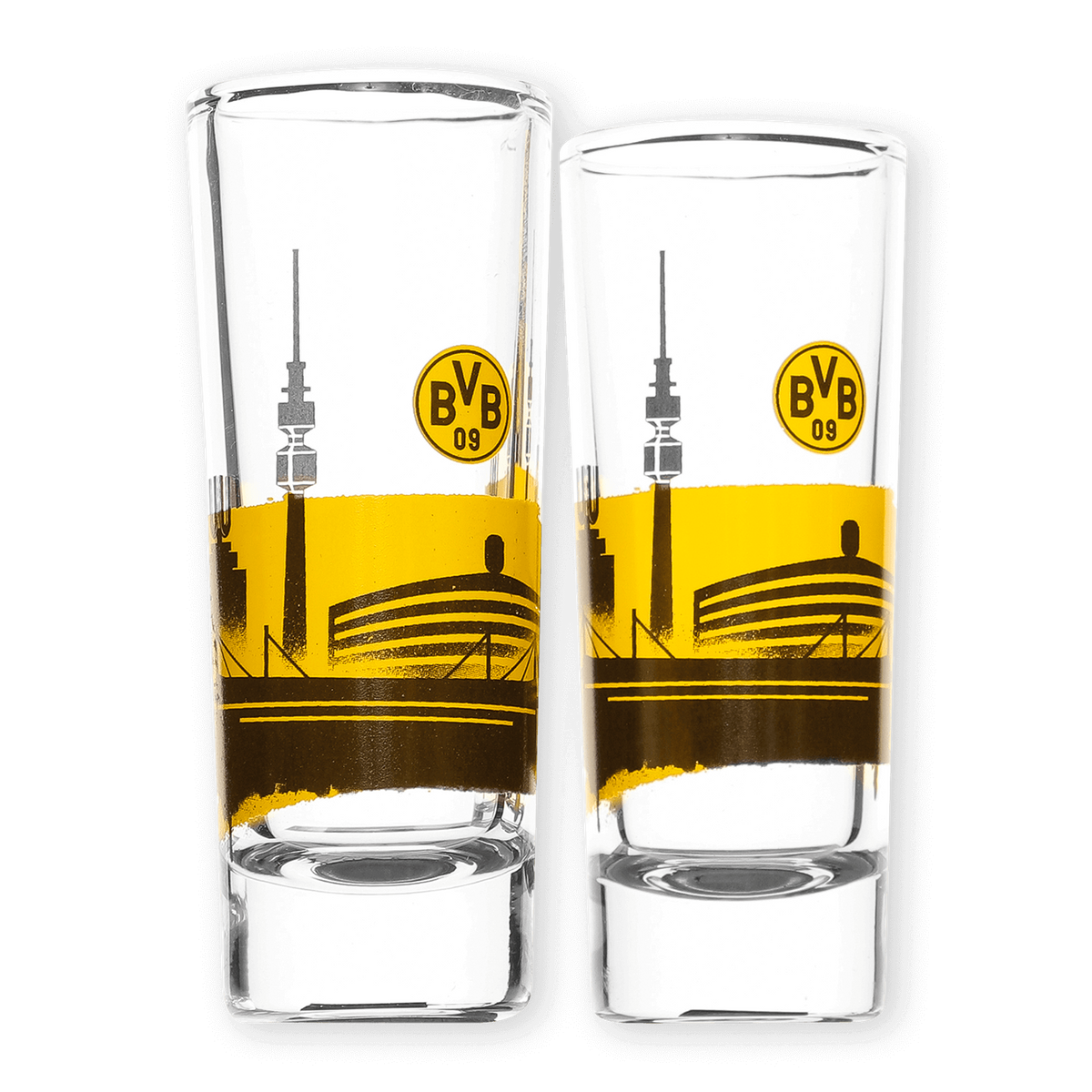 Set aus zwei BVB-Schnapsgläsern, verziert mit der schwarzgelben Skyline von Dortmund, BVB-Logo und Abbildungen des SIGNAL IDUNA PARK sowie des Fernsehturms.