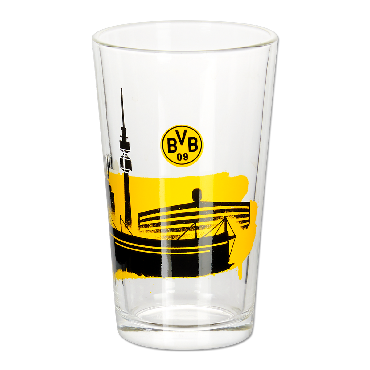 BVB-Wasserglas-Set mit detaillierter schwarzgelber Skyline-Grafik von Dortmund und BVB-Logo, ideal für Fans.