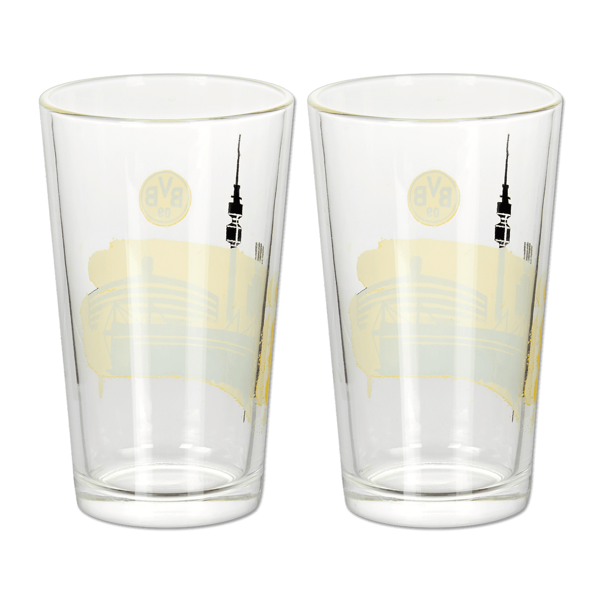 Set composto da due bicchieri da acqua del BVB con motivo dello skyline nei colori nero e giallo e logo del BVB, perfetto per i tifosi del Borussia Dortmund.